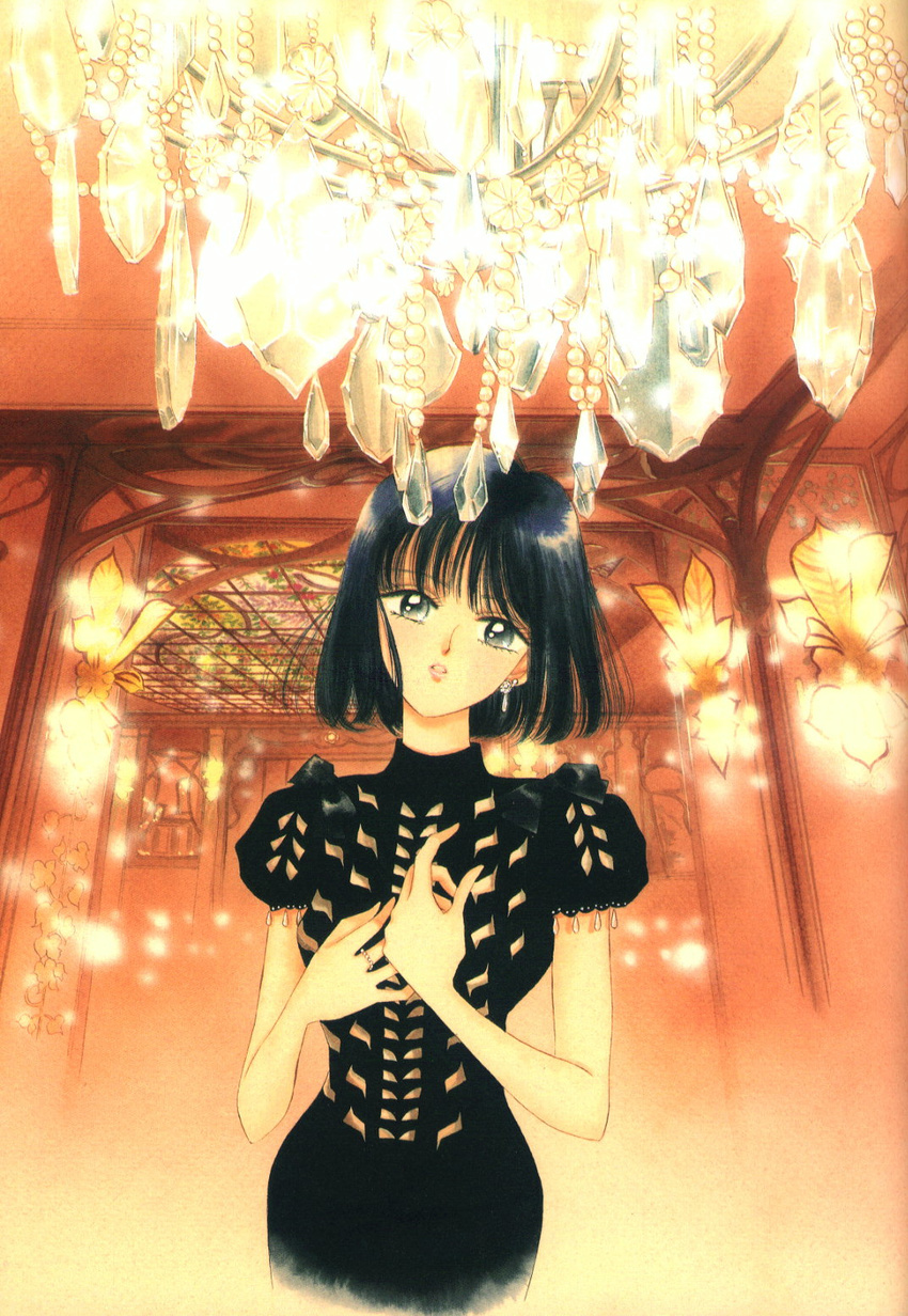 90s bishoujo_senshi_sailor_moon black_dress black_hair bob_cut chandelier dress earrings formal highres jewelry official_art ring solo takeuchi_naoko tomoe_hotaru