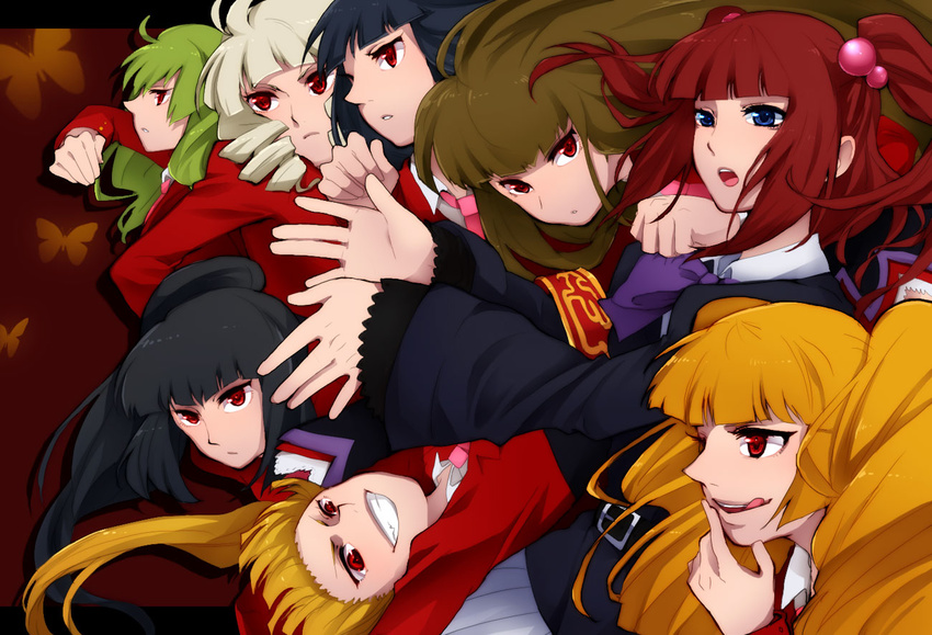 armband asmodeus beelzebub belphegor black_hair blonde_hair blue_eyes drill_hair green_hair hair_bobbles hair_ornament hattori_masaki jacket leviathan_(umineko) long_hair lucifer mammon multiple_girls necktie ponytail red_eyes red_hair ribbon satan silver_hair smile stakes_of_purgatory twintails umineko_no_naku_koro_ni ushiromiya_ange