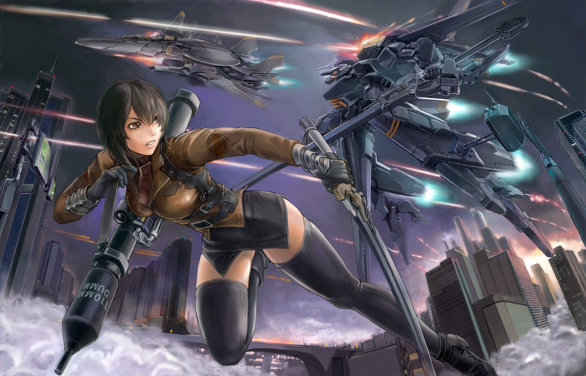 brown_hair city highres kuratch looking_back mecha miniskirt original panzerfaust-3 rocket_launcher rpg short_hair skirt solo thighhighs weapon zettai_ryouiki