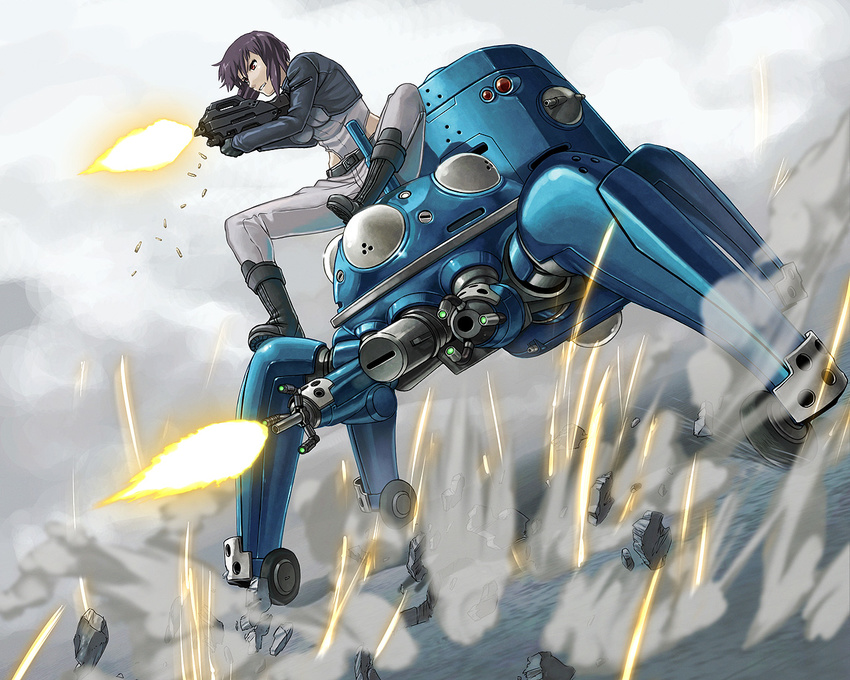 boots bullpup casing_ejection firing ghost_in_the_shell ghost_in_the_shell_stand_alone_complex gloves gun itou_(onsoku_tassha) jacket kusanagi_motoko machine_pistol mecha purple_hair red_eyes rifle seburo_c26a shell_casing short_hair solo sparkle tachikoma weapon
