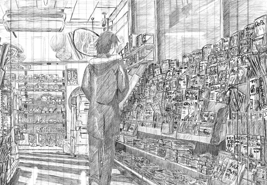 5_centimeters_per_second coat greyscale magazine male_focus monochrome rough_maker shelf shop sketch solo toono_takaki