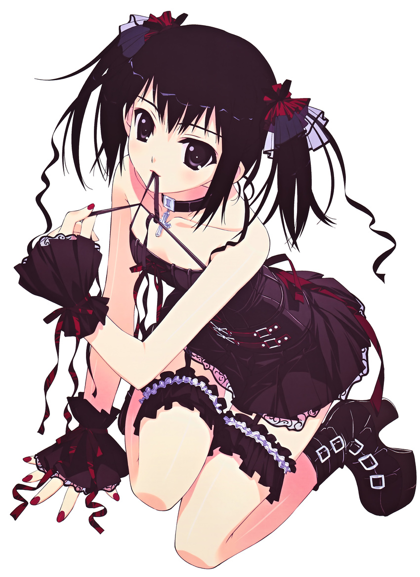 absurdres black_eyes black_hair choker copyright_request cross garters gothic highres jewelry leg_garter murakami_suigun nail_polish necklace non-web_source platform_footwear red_nails solo twintails