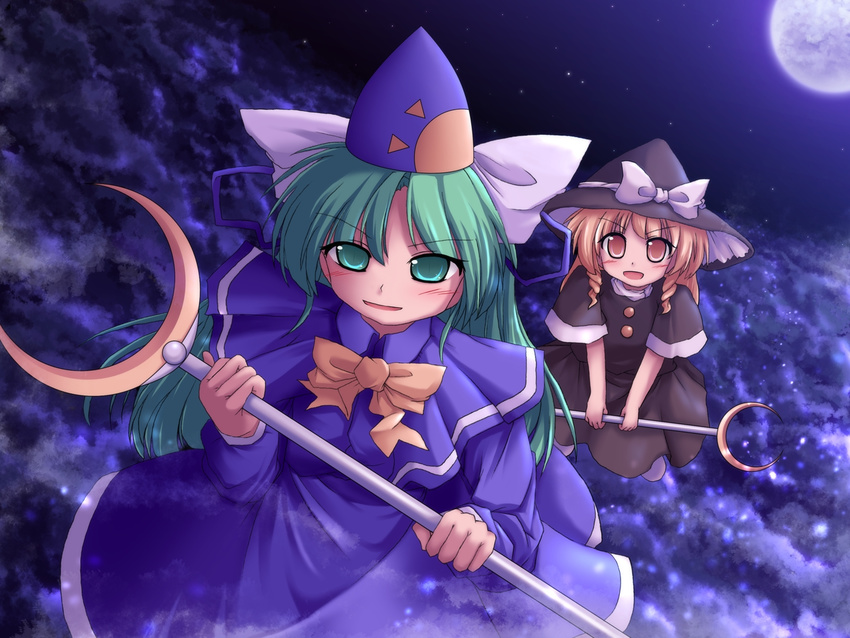 above_clouds alternate_hairstyle blonde_hair blush capelet dress drill_hair green_eyes green_hair hat kirisame_marisa kirisame_marisa_(pc-98) lzh mima moon multiple_girls mystic_square open_mouth staff touhou touhou_(pc-98) witch_hat wizard_hat yellow_eyes