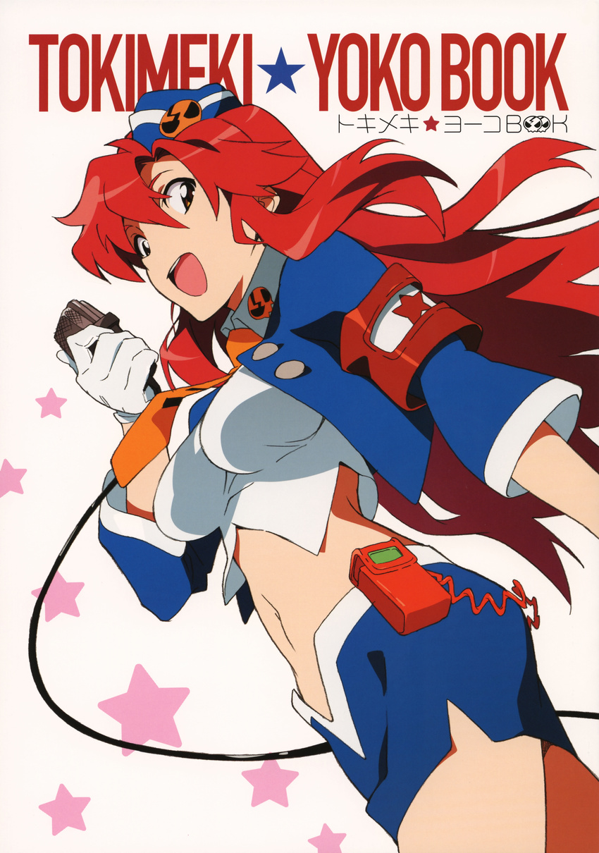 absurdres alternate_hairstyle armband badge garrison_cap gloves hair_down hat highres long_hair microphone midriff miniskirt music navel necktie nishigori_atsushi official_art pencil_skirt pieces_of_sweet_stars red_hair singing skirt skull smile solo star stewardess tengen_toppa_gurren_lagann very_long_hair white_gloves yellow_eyes yoko_littner