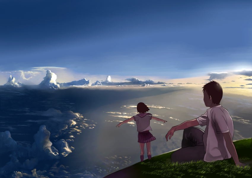 1girl bad_id bad_pixiv_id cloud grass horizon original scenery school_uniform serafuku shiira sitting skirt sky