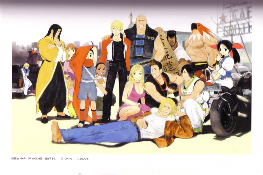 6+boys artbook black_eyes black_hair blonde_hair blue_eyes bonne_jenet cape dark_skin everyone fatal_fury freeman futaba_hotaru gato_(snk) grant_(snk) griffon_mask ground_vehicle highres hokutomaru jacket kain_r_heinlein kevin_rian kim_dong_hwan kim_jae_hoon leather leather_jacket limousine marco_rodriguez mark_of_the_wolves mascot mask motor_vehicle motorcycle multiple_boys multiple_girls official_art one_eye_closed police ribbon rock_howard scan scarf senno_aki smile snk terry_bogard wood wrestler wrestling