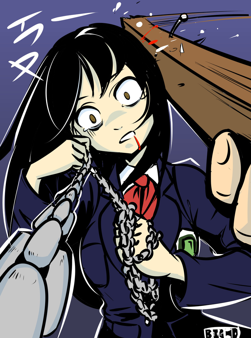 absurdres big-d black_hair blood blood_from_mouth brown_eyes chain death empty_eyes gogo_yubari headshot highres kill_bill long_hair nail pov ryona school_uniform solo tears