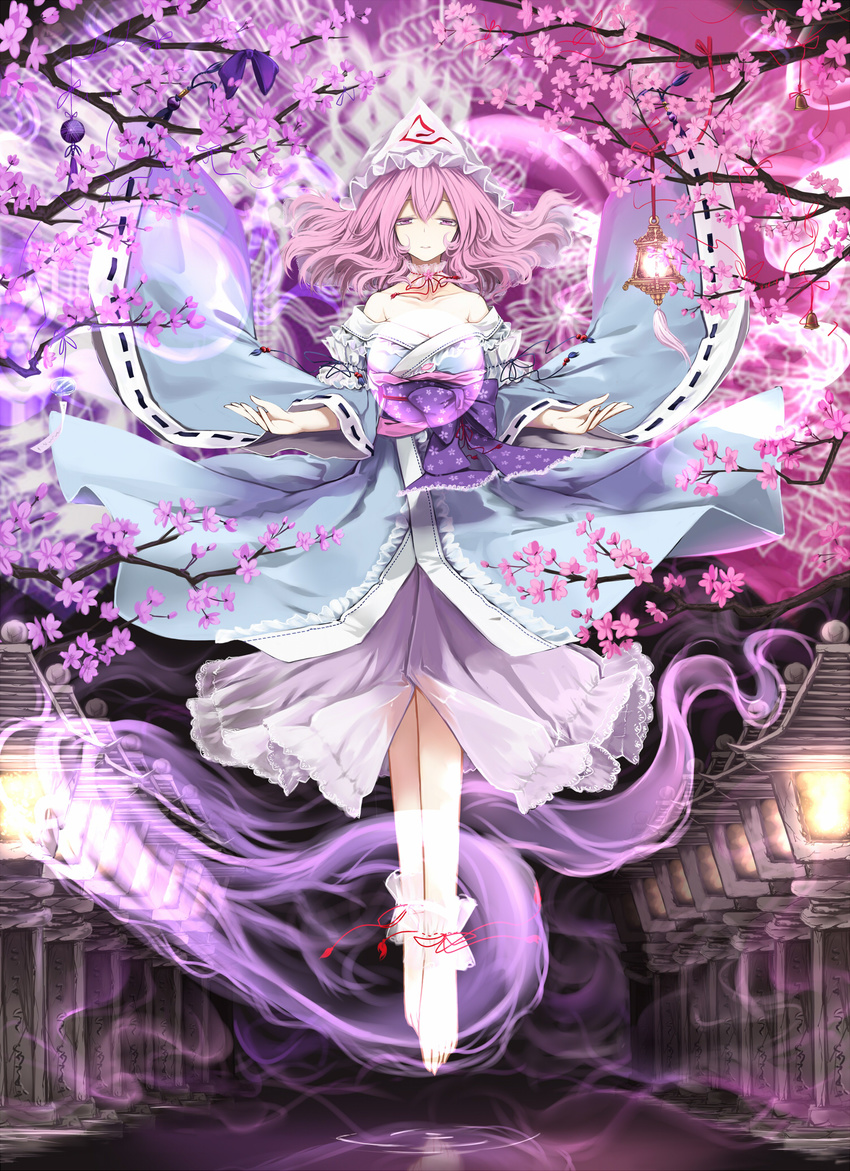ankle_cuffs anklet arm_garter bare_shoulders barefoot blue_kimono bow branch cherry_blossoms cloudy.r floating half-closed_eyes hat highres hitodama japanese_clothes jewelry kimono long_sleeves mob_cap obi parted_lips petticoat pink_eyes pink_hair ribbon saigyouji_yuyuko saigyouji_yuyuko's_fan_design sash short_hair touhou triangular_headpiece wide_sleeves