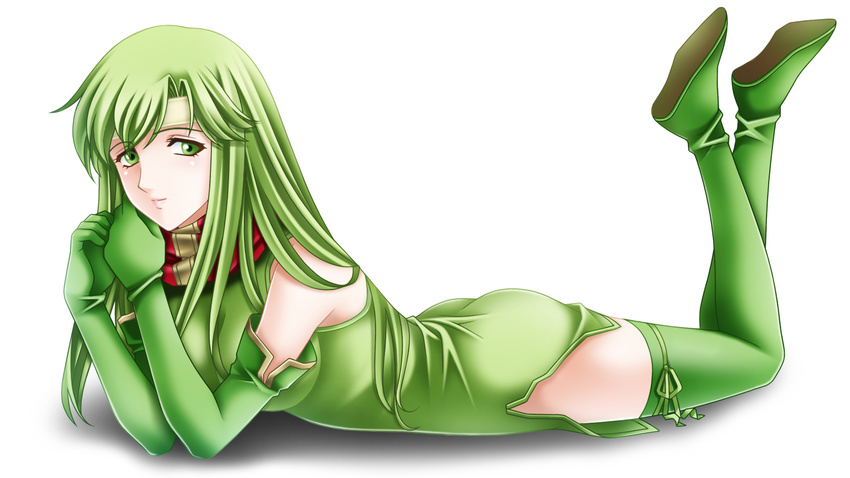 arm_support ass boots breasts elbow_gloves fire_emblem fire_emblem:_monshou_no_nazo gloves green_eyes green_footwear green_gloves green_hair green_legwear green_skirt headband highres large_breasts long_hair lying on_stomach paola scarf side_slit skirt solo tamamon thigh_boots thighhighs