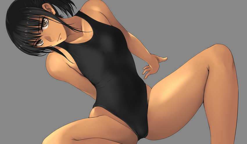 black_hair brown_eyes competition_swimsuit grey_background looking_at_viewer one-piece_swimsuit original ponytail short_hair simple_background solo squatting swimsuit takebouzu