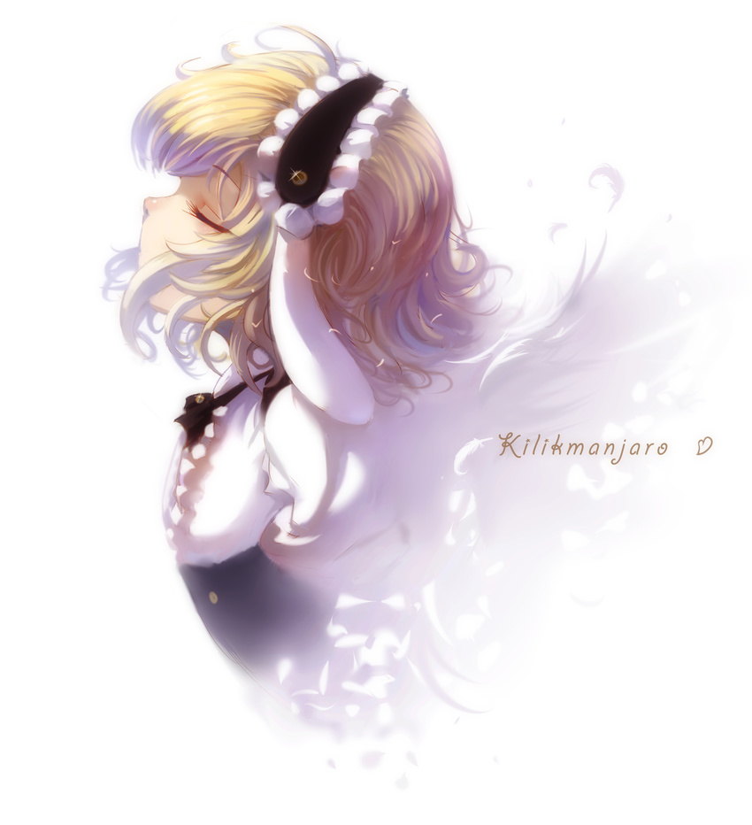 absurdres blonde_hair closed_eyes curly_hair feathers fleur_de_lapin_uniform frilled_shirt frills gochuumon_wa_usagi_desu_ka? hairband highres kirima_sharo lolita_hairband profile ribbon shirt short_hair solo undeedking