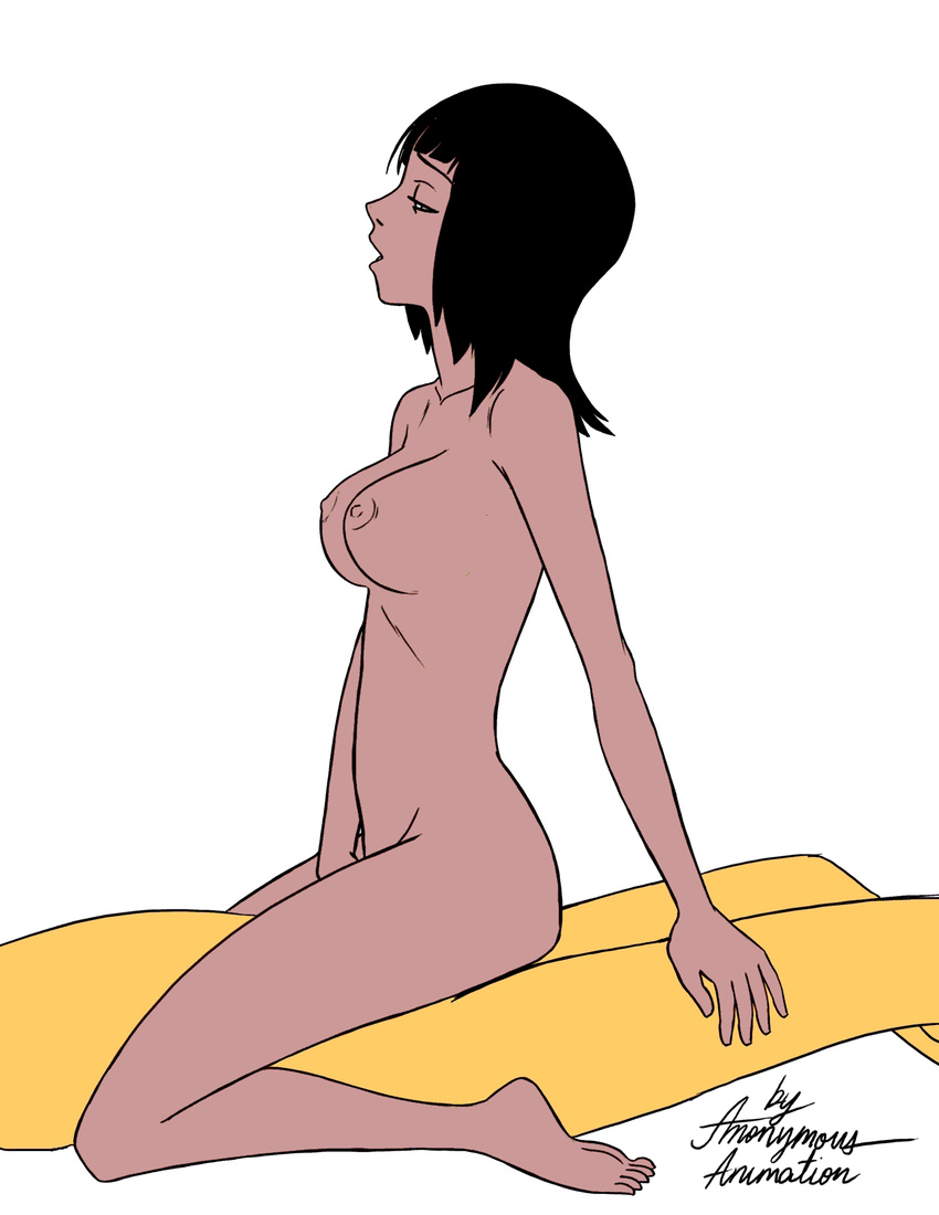 1boy 1girl animated animated_gif animation artist_name artist_request black_hair bouncing_breasts breasts cowgirl cowgirl_position highres moaning nico_robin nipples one_piece penis sex straddling tanned_skin vaginal white_background