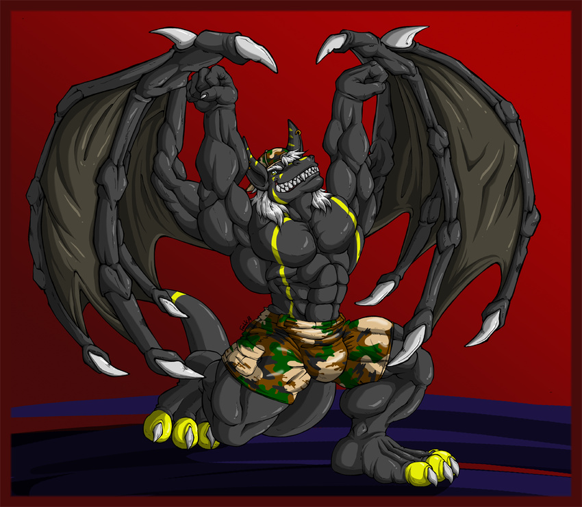 abs anthro biceps big_muscle big_muscles bulge camo chris_durken_blackfire dragon flexing male muscles pecs saturnawolf tankdragon topless wings