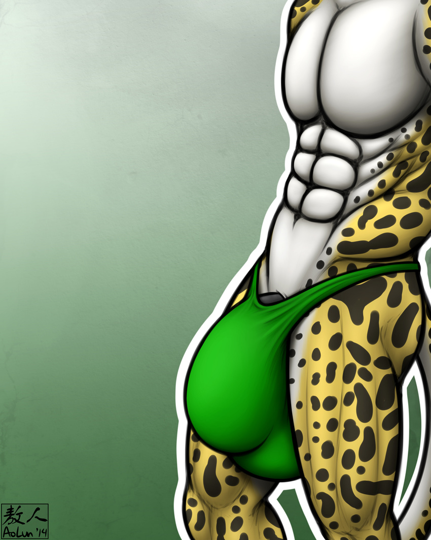 abs anthro aolun aolun_(artist) balls big_balls big_penis black_fur black_penis body_markings bulge cheetah clothed clothing faceless_male feline fur huge_penis hyper hyper_penis king_cheetah male mammal markings muscles pecs penis plain_background pose solo spots thong toned topless underwear white_fur yellow_fur