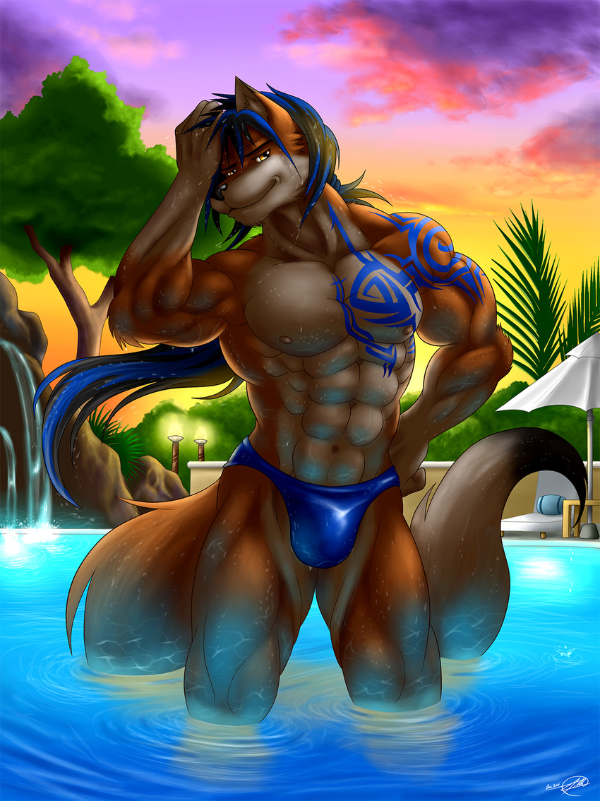 abs alty anthro biceps big_muscle big_muscles brown_fur bulge canine fox fur hair male mammal muscles nipples outside pecs pose sky solo standing sunset symbolhero tattoo toned topless water wet