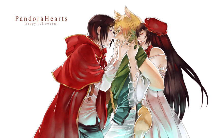 2boys animal_ears bare_shoulders blonde_hair bow braid brother_and_sister brown_hair cape choker closed_eyes copyright_name cosplay dress earrings formal frilled_dress frills green_eyes halloween highres hood hoodie hug hug_from_behind jack_vessalius jewelry lacie_baskerville little_red_riding_hood little_red_riding_hood_(grimm) little_red_riding_hood_(grimm)_(cosplay) long_hair multiple_boys numina open_mouth oswald_baskerville pandora_hearts purple_eyes short_hair siblings simple_background smile tail