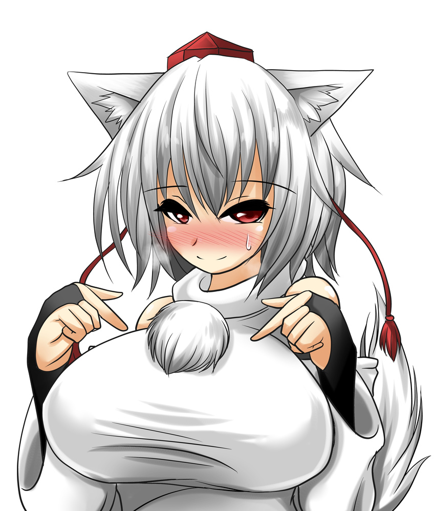 absurdres animal_ears bare_shoulders blush breasts come_hither detached_sleeves fingerless_gloves gloves hat highres huge_breasts inubashiri_momiji large_breasts looking_at_viewer pom_pom_(clothes) red_eyes short_hair silver_hair simple_background solo tail tokin_hat touhou white_background wolf_ears wolf_tail yutanpo-2
