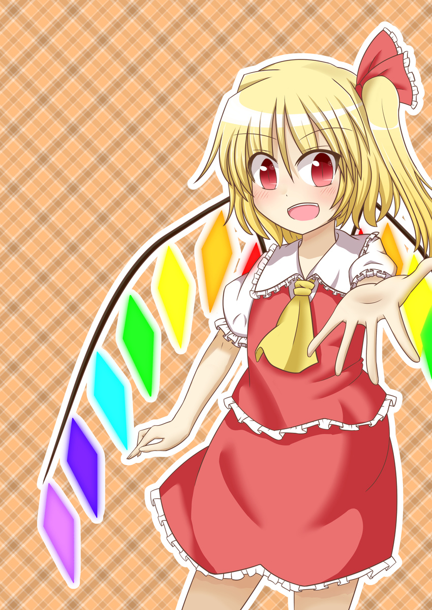 ascot bad_id bad_pixiv_id blonde_hair blush collared_shirt fangs flandre_scarlet frilled_shirt frilled_shirt_collar frilled_skirt frilled_sleeves frills hair_ribbon highres no_hat no_headwear outline outstretched_arm outstretched_hand plaid plaid_background puffy_short_sleeves puffy_sleeves reaching_out red_eyes ribbon shirt short_hair short_sleeves side_ponytail skirt skirt_set slit_pupils solo touhou vest wings yuutamiitan