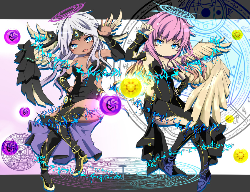 angel angel_wings archangel_metatron_(p&amp;d) arm_up bare_shoulders black_dress black_footwear blue_eyes blush_stickers boots breasts chibi circlet cleavage collarbone dark_angel_metatron_(p&amp;d) dark_skin dress dual_persona feathered_wings halo hand_on_hip hybrid_(1212apro) long_hair magic_circle multiple_girls open_mouth orb pink_hair puzzle_&amp;_dragons small_breasts thigh_boots thighhighs wavy_hair white_hair wings