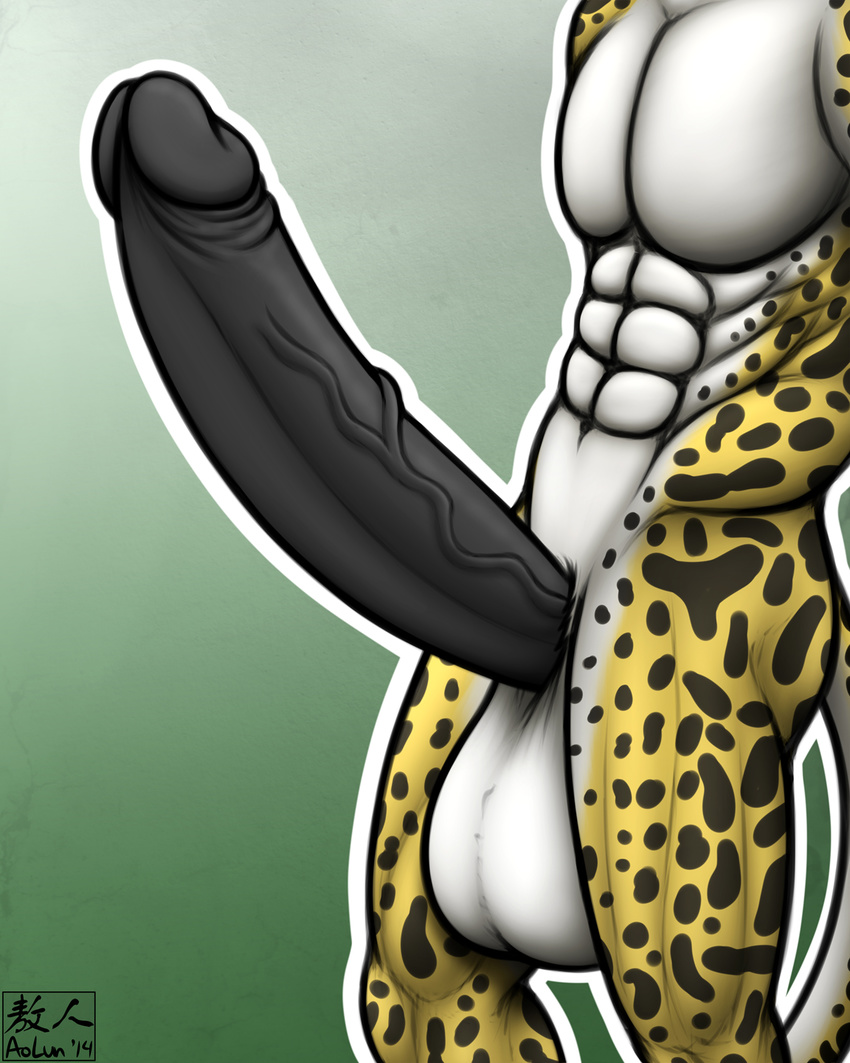 abs anthro aolun aolun_(artist) balls biceps big_balls big_penis black_fur black_penis body_markings cheetah erection faceless_male feline fur huge_penis humanoid_penis hyper hyper_penis king_cheetah long_penis male mammal markings muscles nude penis plain_background pose solo spots toned vein white_fur yellow_fur