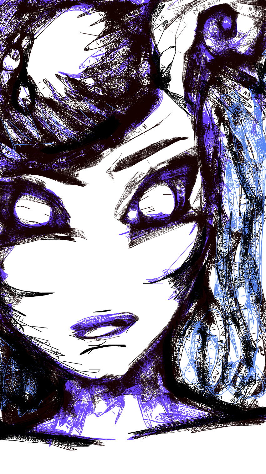 big_eyes black_theme blue_hair blue_lips blue_theme draenei hair horn invalid_color looking_at_viewer plain_background portrait sketch solo upset video_games warcraft white_background white_eyes