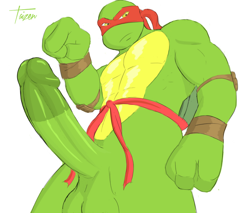 3_fingers abs anthro balls bandanna belt biceps big_balls big_muscles big_penis breastplate circumcised domination elbow_pads erection gay glans green_skin humanoid_penis hyper hyper_penis knee_pads looking_at_viewer male mask muscles musky nude pecs penis plain_background pose raphael_(tmnt) reptile scalie shell shiny shiny_skin solo standing sweat taizen teenage_mutant_ninja_turtles thighs turtle white_background yellow_eyes