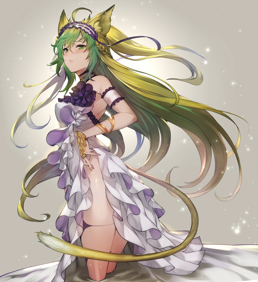 animal_humanoid atalanta_(fate) blush braided_hair breasts butt cat_humanoid clothed clothing clothing_lift fate/grand_order fate_(series) feline feline_humanoid female fur green_eyes green_fur green_hair hair humanoid jewelry kakage0904 long_hair looking_back mammal skirt skirt_lift solo standing white_fur white_hair