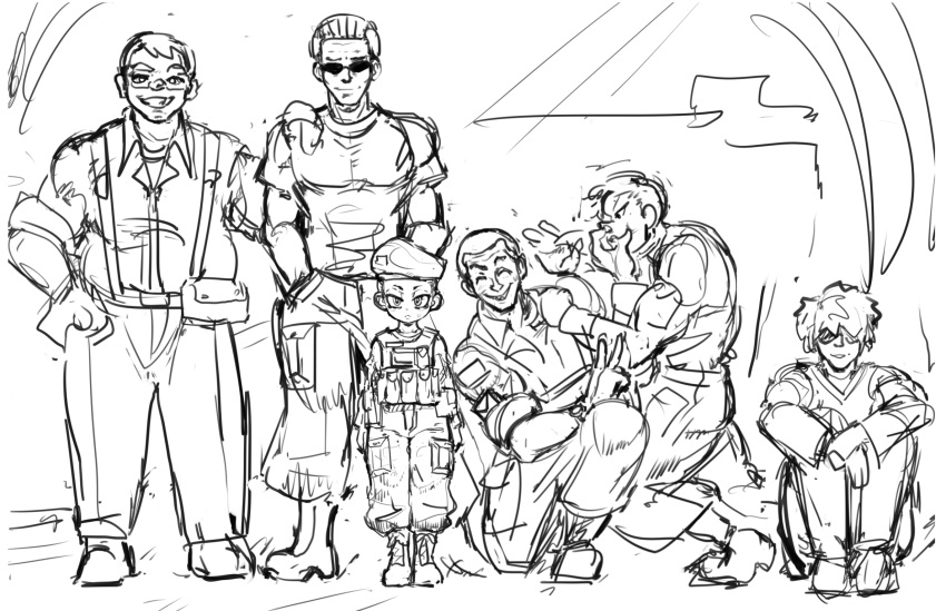 1girl 5boys glasses military military_uniform multiple_boys sketch space_jim_(mimic) sunglasses tagme uniform