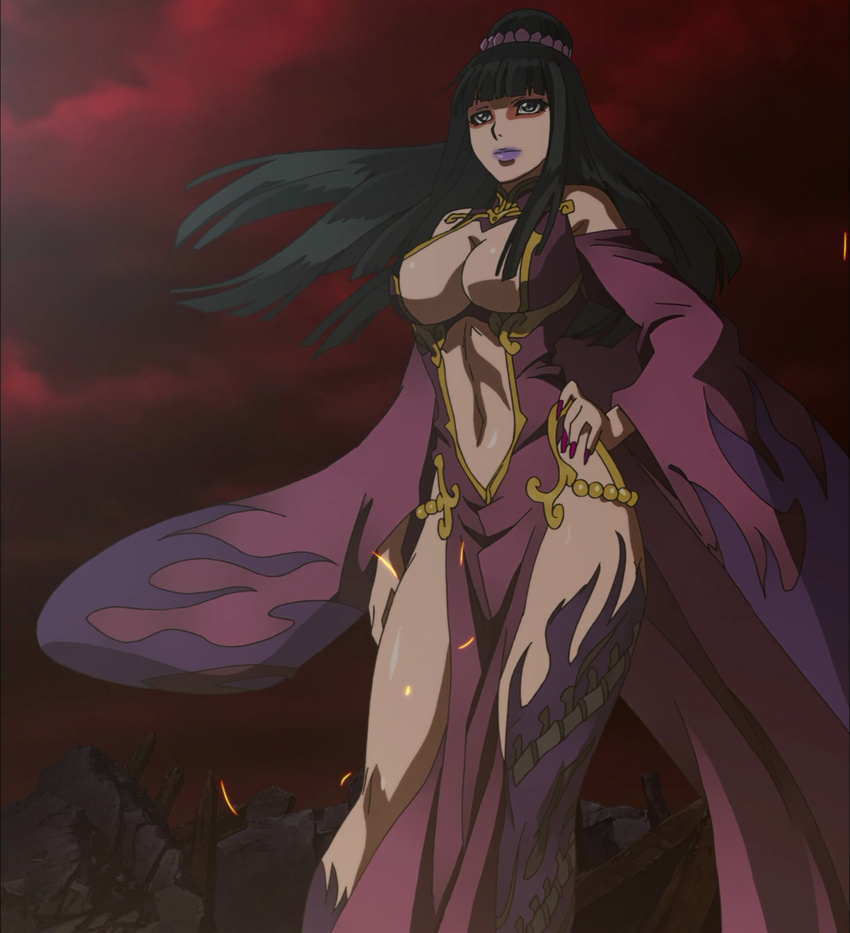 1girl black_hair breasts fuuun_ishin_dai_shogun highres houkouin large_breasts long_hair nail_polish solo standing stitched