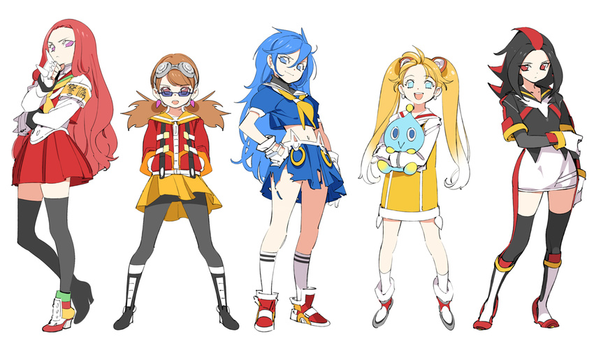 armband black_hair black_legwear blonde_hair blue_eyes blue_hair chao_(sonic) cream_the_rabbit dr._eggman genderswap genderswap_(mtf) gloves goggles humanization knuckles_the_echidna long_hair midriff multicolored_hair multiple_girls navel pantyhose pop_kyun red_eyes shadow_the_hedgehog skirt sonic sonic_the_hedgehog thighhighs torn_clothes torn_skirt twintails two-tone_hair white_background