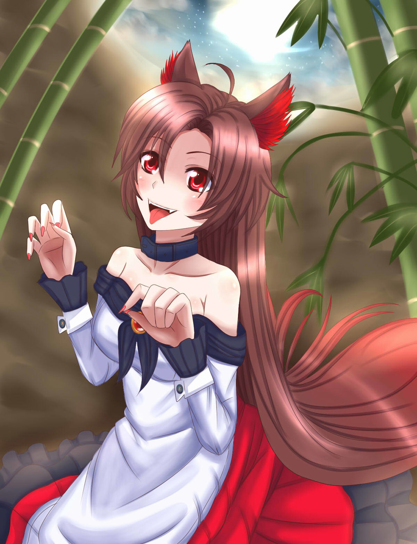 animal_ears bad_id bad_pixiv_id bamboo bamboo_forest bare_shoulders blush breasts brown_hair collar collarbone dress fang fingernails forest full_moon highres imaizumi_kagerou long_hair looking_up medium_breasts moon nature night open_mouth paw_pose red_eyes sitting solo tail tongue tongue_out touhou very_long_hair wendell wolf_ears wolf_tail