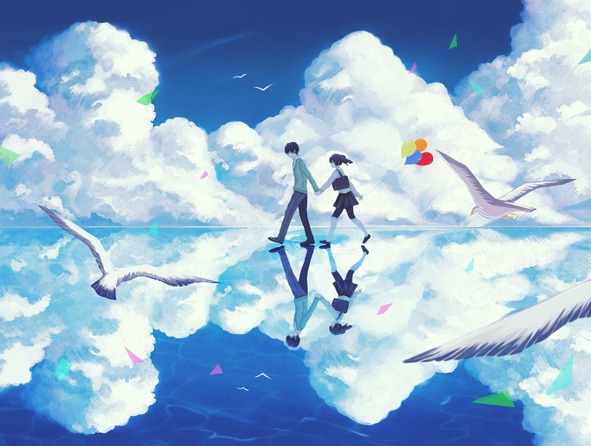 1girl bad_id bad_pixiv_id balloon bird black_hair blue_sky cloud day enomoto_takane holding_hands kagerou_project kokonose_haruka long_hair reflection school_uniform seagull short_hair sky twintails xsong