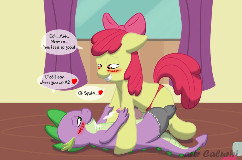 anal anal_penetration apple_bloom_(mlp) blush bow caluriri cub cum cutie_mark_crusaders_(mlp) dialog dildo dragon earth_pony english_text equine female feral friendship_is_magic fur green_eyes hair horse inside legwear male mammal my_little_pony pegging penetration penis pony red_hair sex sex_toy smile speech_balloon spike_(mlp) stockings straight strapon teeth text yellow_fur young