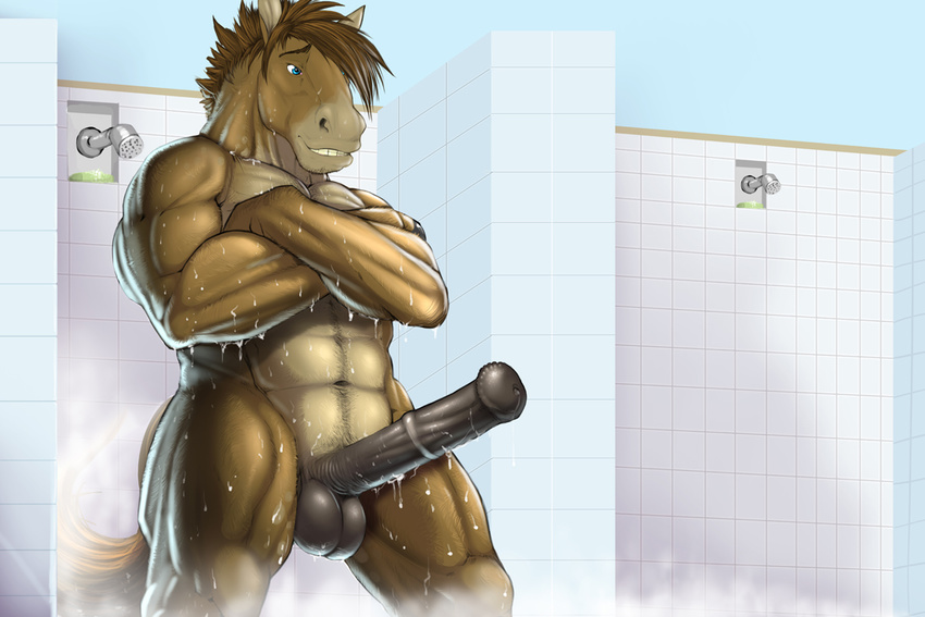 animal_genitalia anthro bad_dragon balls biceps big_balls big_penis blue_eyes body_hair brown_fur brown_hair crossed_arms equine erection fur hair happy_trail horse horsecock male mammal muscles narse navel nude pecs penis shower solo wet wet_fur