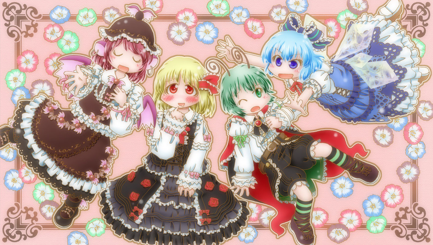 :d ;o animal_ears antennae belt blonde_hair blouse blue_eyes blue_hair blush border bow brown_hair cape cirno dress drooling embellished_costume floral_background flower frilled_bow frilled_dress frilled_ribbon frilled_skirt frilled_sleeves frills green_eyes green_hair hair_bow hair_ribbon long_sleeves matty_(zuwzi) multiple_girls music mystia_lorelei one_eye_closed open_mouth puffy_short_sleeves puffy_sleeves red_eyes ribbon ribbon-trimmed_sleeves ribbon_trim rumia short_hair short_sleeves shorts singing skirt smile team_9 too_many too_many_frills touhou vest wings wriggle_nightbug