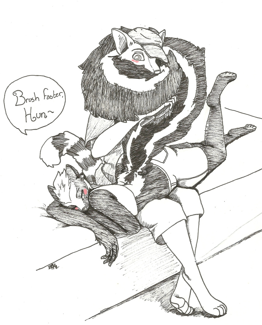 blush brushing caudle clothing coils cute duo flirting fluffy)tail fluffy_tail long_tail mammal monochrome prehensile_tail safiirriskovat skunk teasing yuki