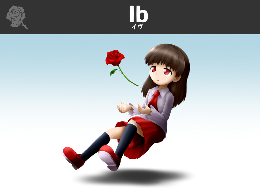 bangs brown_hair character_name collared_shirt flower ib ib_(ib) necktie open_mouth parody red_eyes red_flower red_rose red_skirt rose shadow shan_grila shirt shoes skirt solo super_smash_bros. symbol thighhighs white_shirt