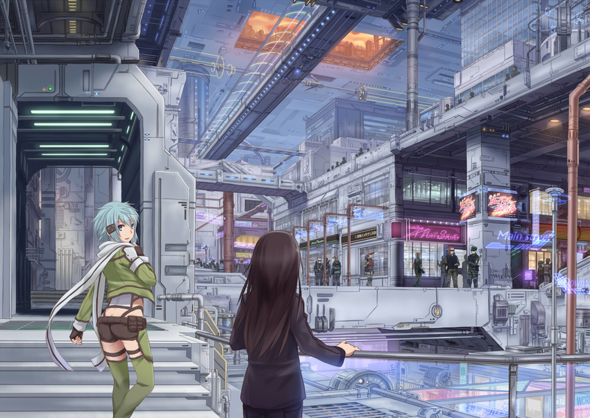 black_hair blue_eyes blue_hair cyberpunk fingerless_gloves gloves gun hair_ornament hairclip highres kirito kirito_(sao-ggo) long_hair otoko_no_ko rifle scarf scenery science_fiction short_hair shorts sinon sniper_rifle solo sword_art_online weapon yuugure