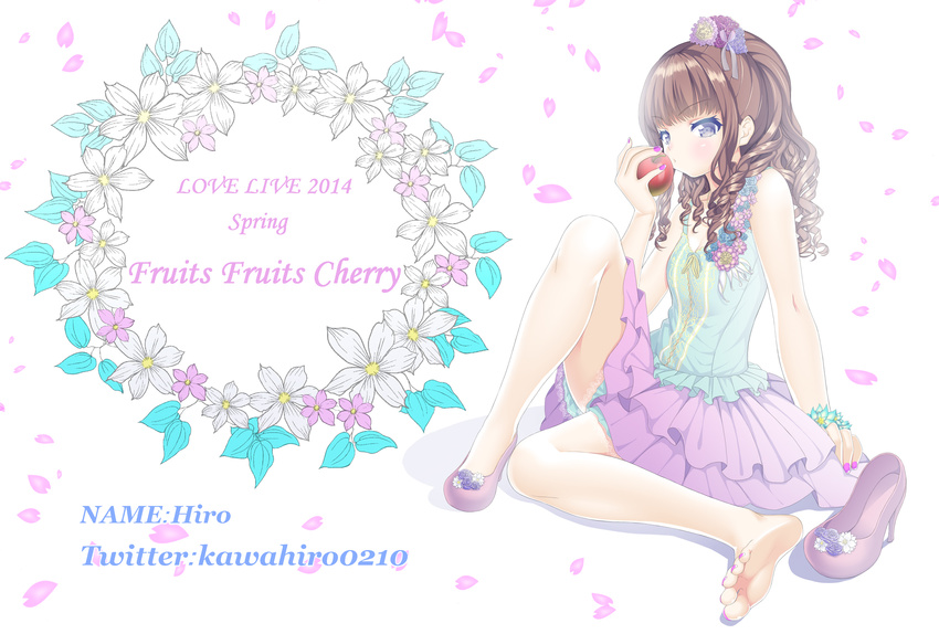 apple bare_shoulders barefoot blue_eyes brown_hair camisole collarbone curly_hair feet flower food fruit full_body high_heels highres hiro_(kawa-hiro) layered_skirt legs long_hair nail_polish pink_skirt pumps real_life shirt shoes simple_background single_shoe sitting skirt sleeveless sleeveless_shirt soles solo tamura_yukari toenail_polish toes white_background