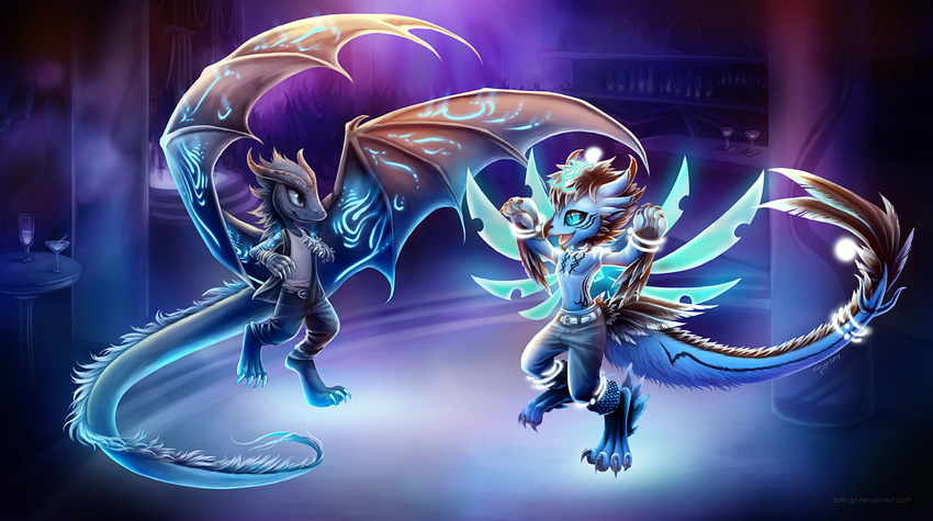 anthro bar bioluminescence black-rose-exterio claws clothing cute cypher dragon duo eldrige exterio feathers fur furred_dragon glowing inside male markings open_mouth runes smile topless wings young
