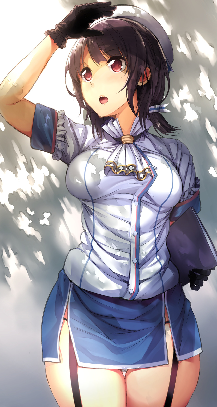 absurdres akagi_asahito black_gloves black_hair blush breasts cowboy_shot frills garter_straps gloves hat highres kantai_collection medium_breasts neckerchief open_mouth red_eyes short_hair short_sleeves solo takao_(kantai_collection) thigh_gap