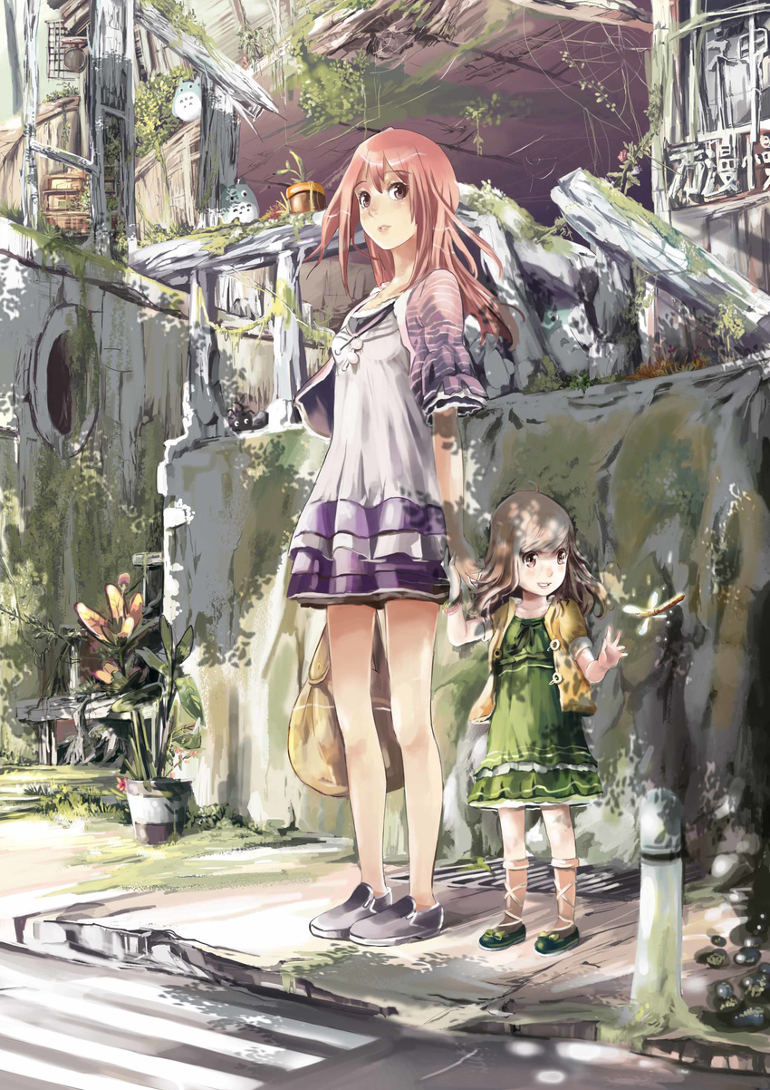 absurdres brown_eyes brown_hair bug casual child dragonfly hand_grab highres insect long_hair mother_and_daughter multiple_girls ooi_choon_liang original parted_lips pink_eyes pink_hair smile tonari_no_totoro totoro