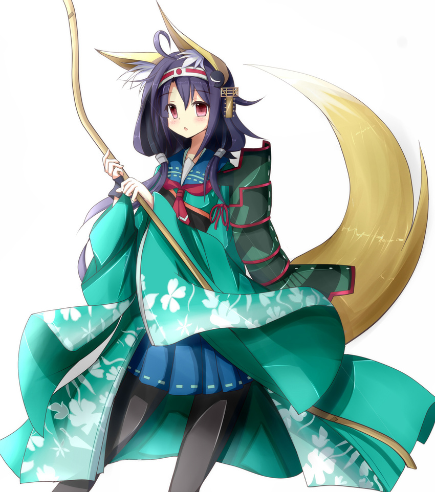 animal_ears bow_(weapon) flight_deck fox_ears fox_tail gloves hair_ornament hairband haori headband highres japanese_clothes kantai_collection long_hair low_twintails magatama muneate open_mouth pantyhose partly_fingerless_gloves purple_hair red_eyes remodel_(kantai_collection) ryuuhou_(kantai_collection) solo taigei_(kantai_collection) tail twintails weapon whale whale_hair_ornament ye_zhi_(index1122) yugake