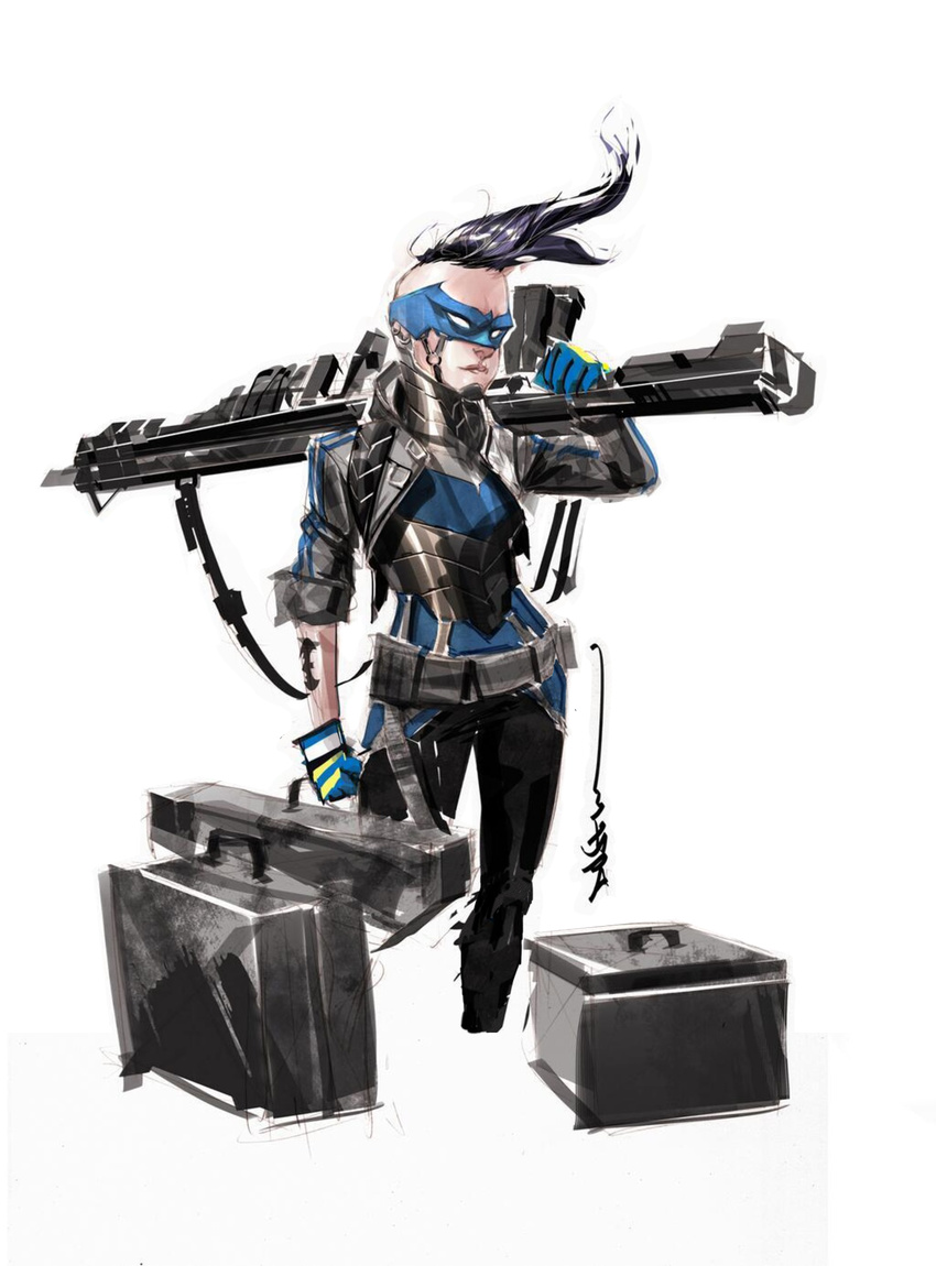 1girl armor batman_(series) belt big_gun bluebird box dc_comics dustin_nguyen energy_gun female gloves gun harness harper_row jacket mask mohawk purple_hair signature solo suitcase transparent_background weapon