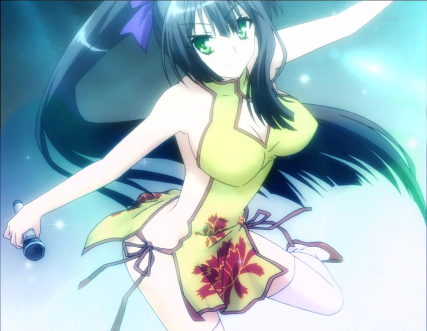 black_hair breasts china_dress chinese_clothes cleavage cleavage_cutout dress green_eyes highres kore_wa_zombie_desu_ka? large_breasts long_hair microphone screen_capture screencap seraphim_(kore_wa_zombie_desu_ka?) thighhighs