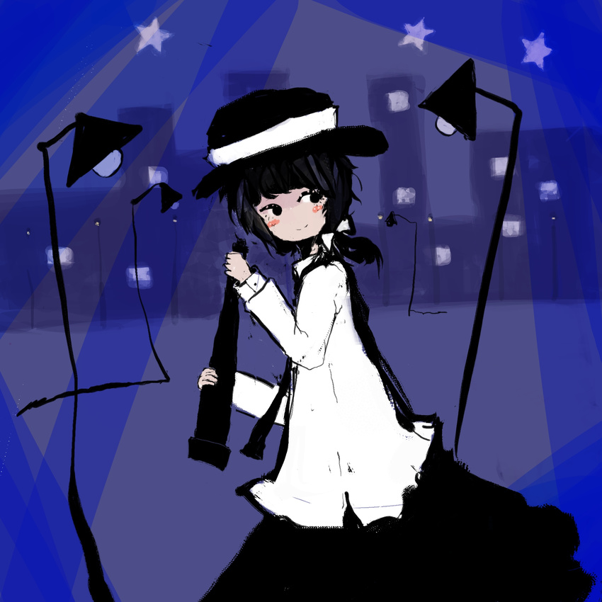 bad_id bad_pixiv_id black_hair bow building city cityscape dress_shirt hat highres lamppost long_skirt long_sleeves looking_back necktie night road shirt side_ponytail skirt smile solo star street telescope timesoe touhou usami_renko white white_bow