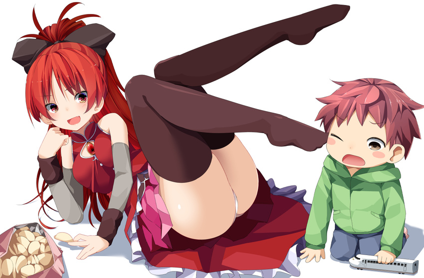 1girl :d bare_shoulders black_legwear blush_stickers bow brown_eyes brown_hair chips detached_sleeves fang food hair_bow kaname_tatsuya legs_up long_hair magical_girl mahou_shoujo_madoka_magica ogadenmon one_eye_closed open_mouth panties ponytail potato_chips red_eyes red_hair sakura_kyouko smile thighhighs toy toy_train underwear white_panties wince