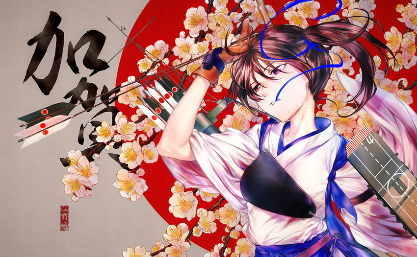 azmodan bow_(weapon) cherry_blossoms japanese_clothes kaga_(kancolle) kantai_collection weapon