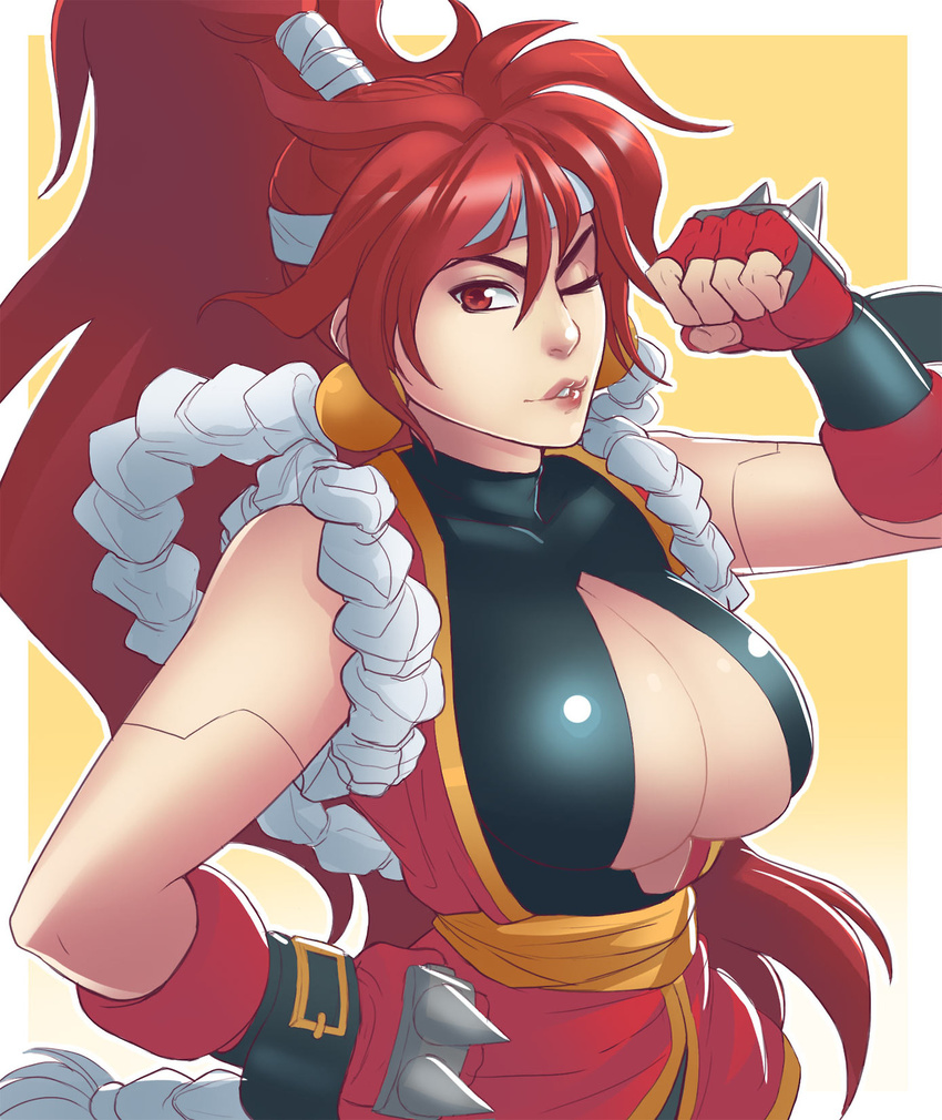 1girl android bloodberry breasts center_opening cleavage earrings flexing g138 gloves greenmarine highres japanese_clothes jewelry large_breasts lips long_hair one_eye_closed ponytail pose red_eyes red_hair rope saber_marionette_j shimenawa solo spikes