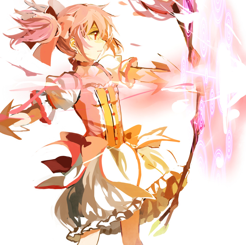 bow bow_(weapon) choker hair_bow highres kaname_madoka magical_girl mahou_shoujo_madoka_magica pink_eyes pink_hair puffy_short_sleeves puffy_sleeves short_sleeves short_twintails simple_background solo twintails weapon white_background zgxuke